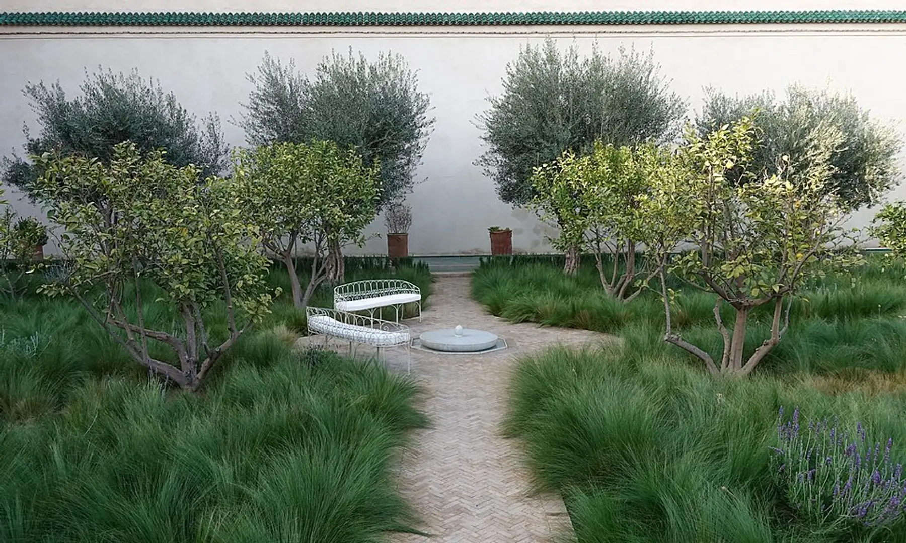 Olive trees and grasses around the central fountain of the Islamic garden at Le Jardin Secret
