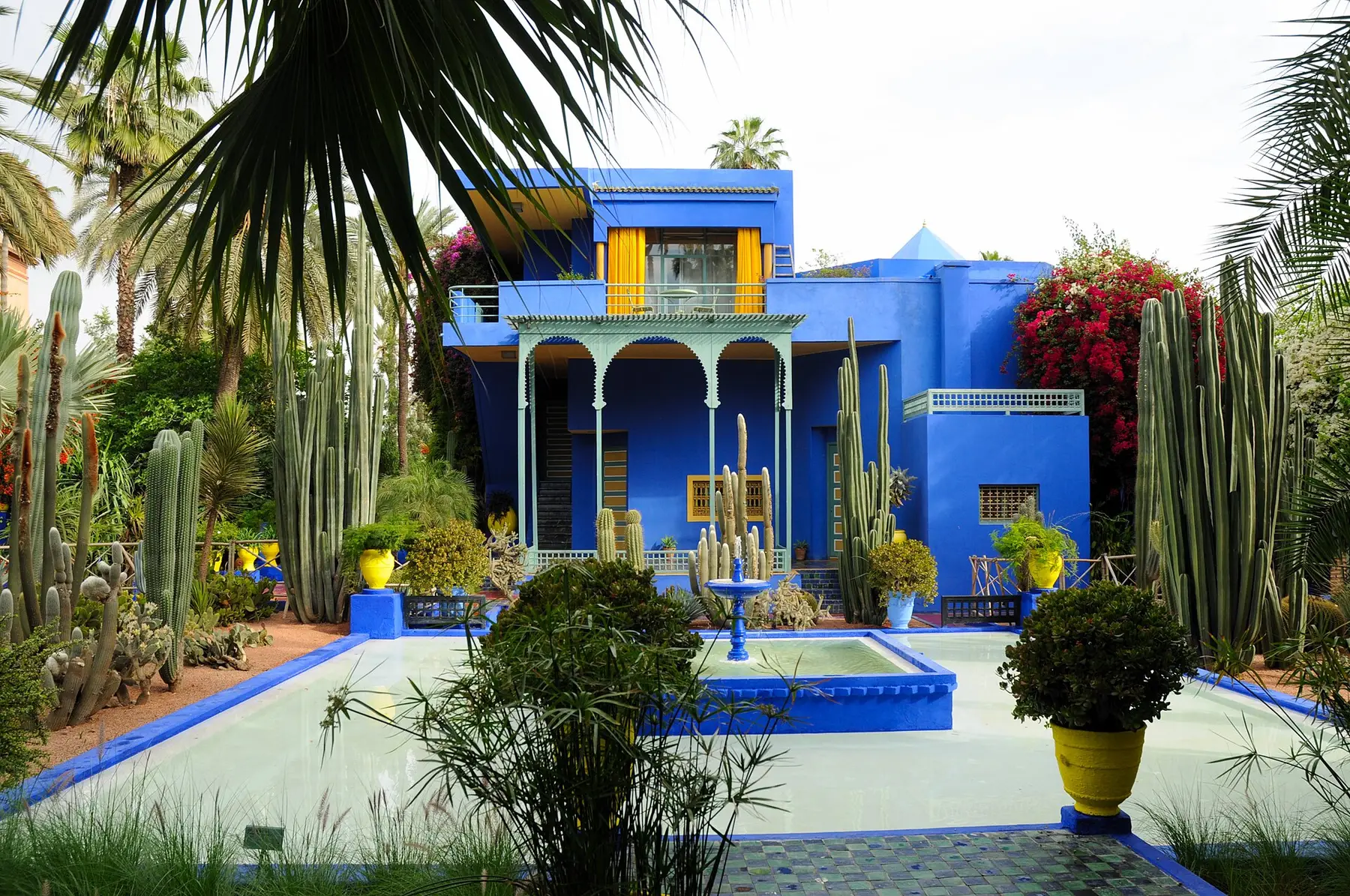 The blue villa and pond of Jardin Majorelle, Marrakech